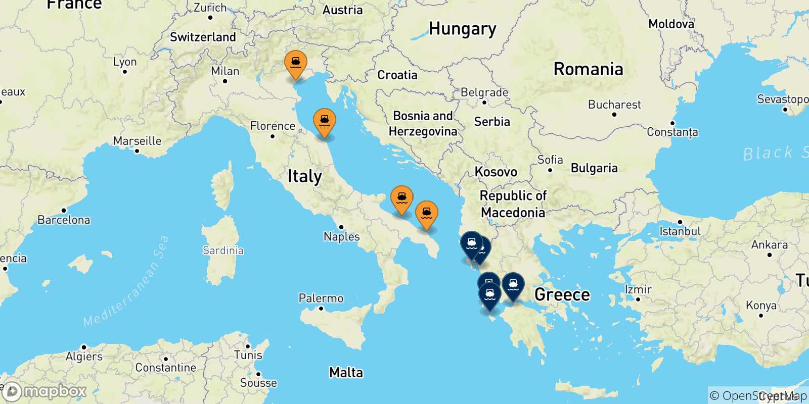 Carte des traversées possibles entre l'Italie et la Grèce