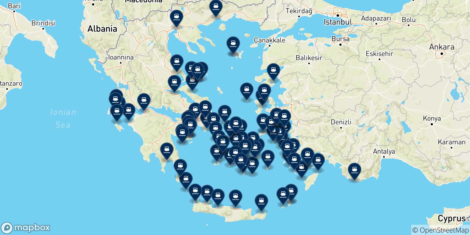Carte des traversées possibles entre la Grèce et la Grèce