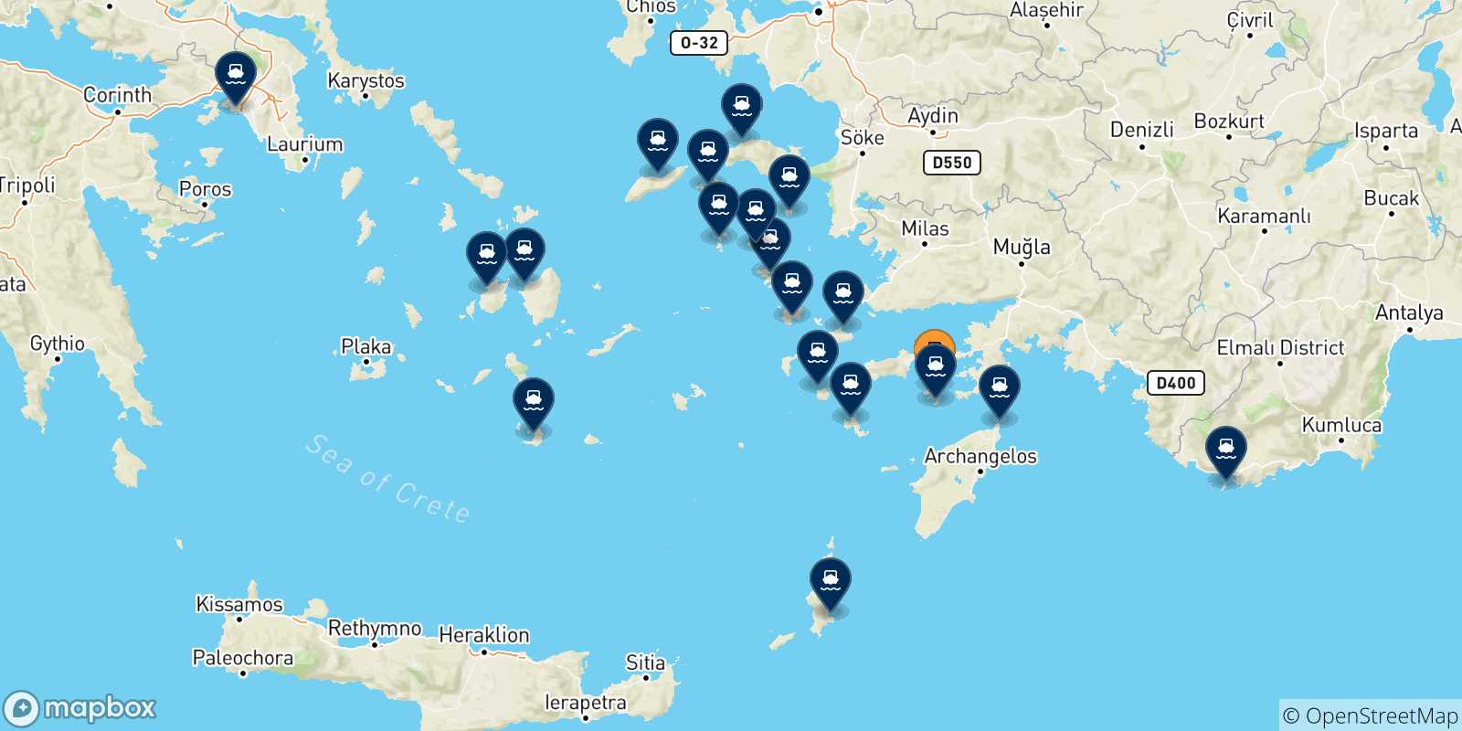 Carte des traversées possibles entre Symi et la Grèce