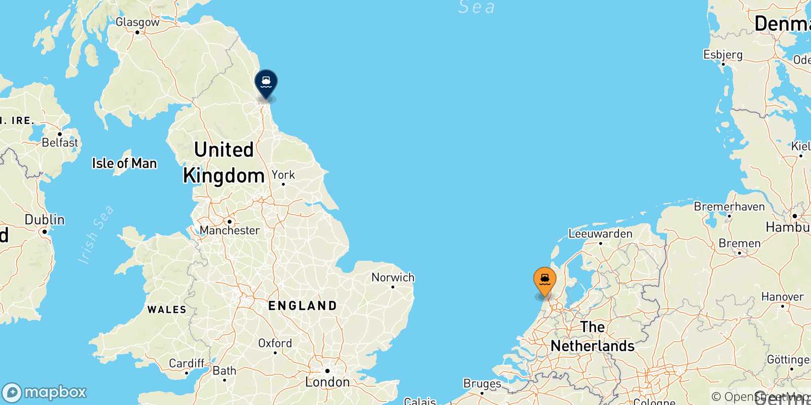 Carte des traversées possibles entre les Pays-bas et Newcastle