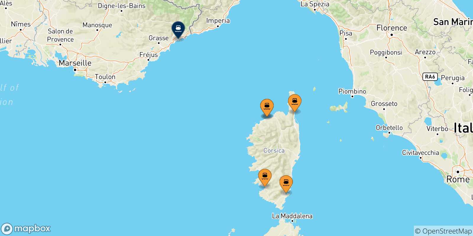 Carte des traversées possibles entre la Corse et Nice