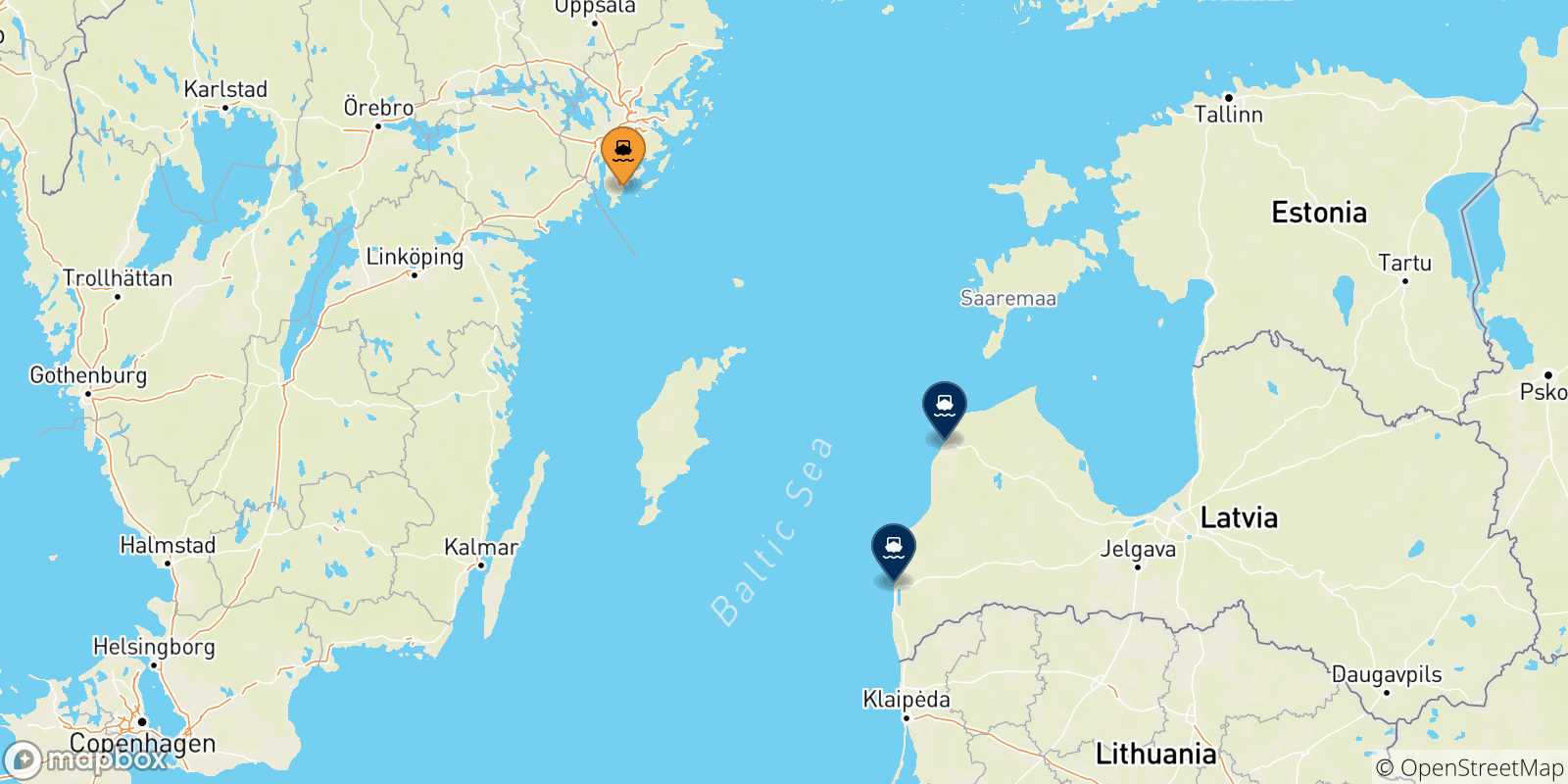 Carte des traversées possibles entre la Suède et Lettonie
