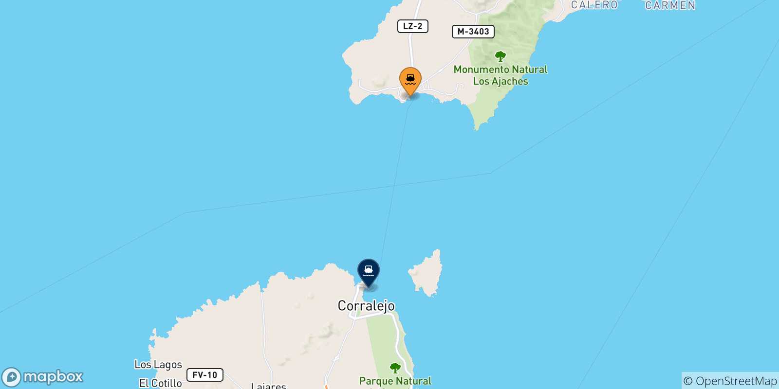 Carte des traversées possibles entre l'Espagne et Corralejo (Fuerteventura)