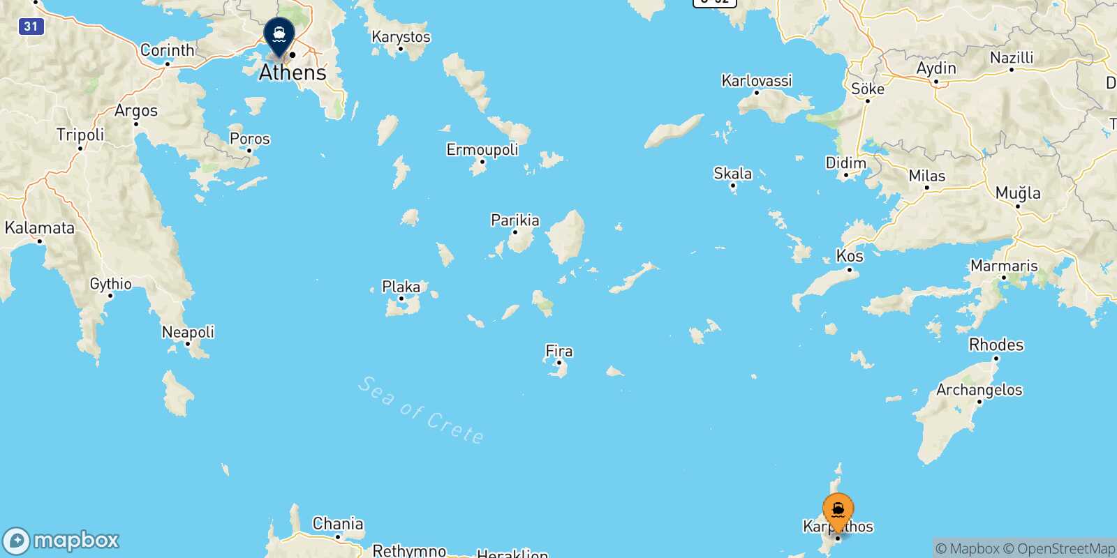 Carte des traverséesDiafani (Karpathos) Le Piree