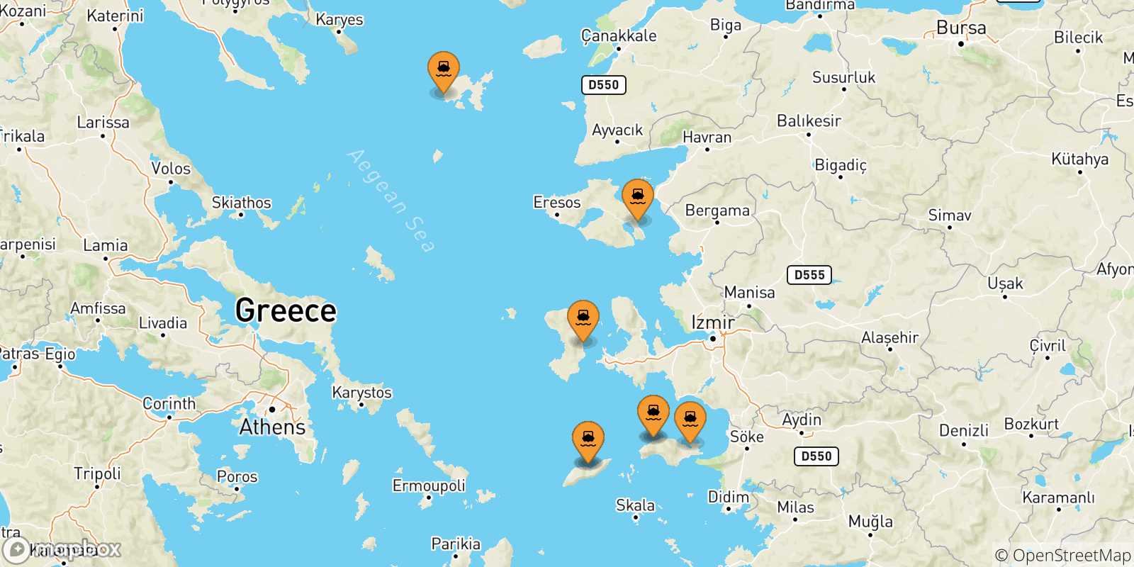 Carte des traversées possibles entre les Îles Égéennes et Fourni