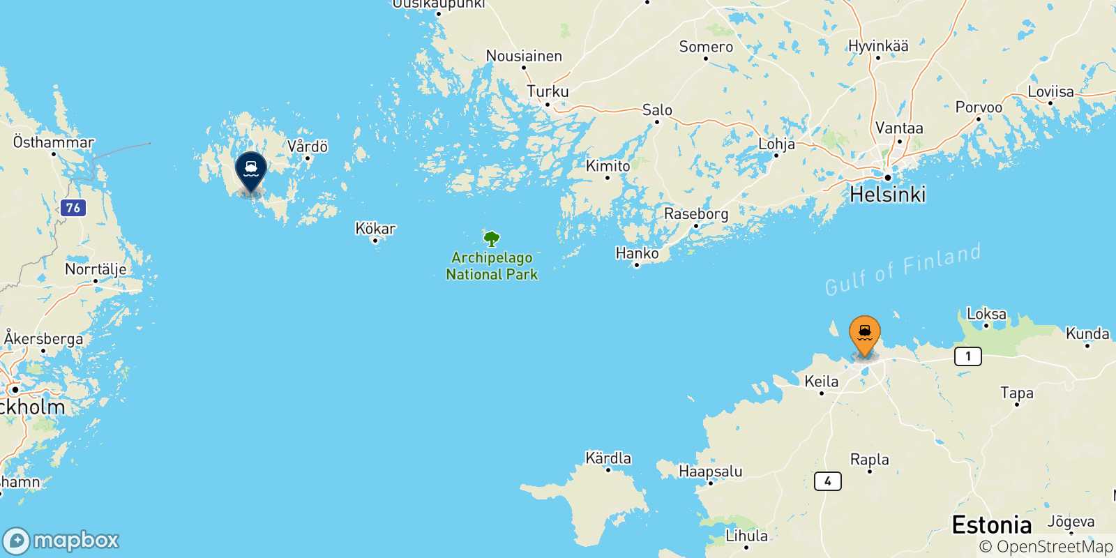 Carte des traversées possibles entre Tallinn et les Îles Aland