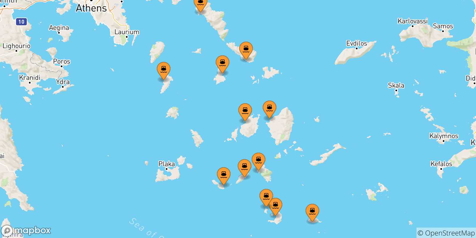 Carte des traversées possibles entre Îles Des Cyclades et Kea