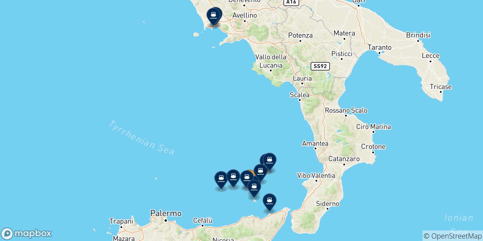 Carte des traversées possibles entre Santa Marina (Salina) et l'Italie