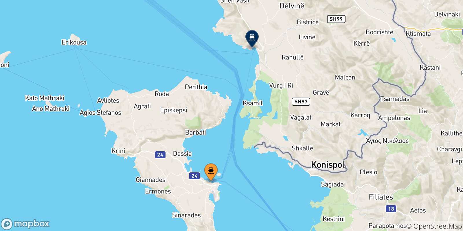 Carte des traversées possibles entre la Grèce et l'Albanie