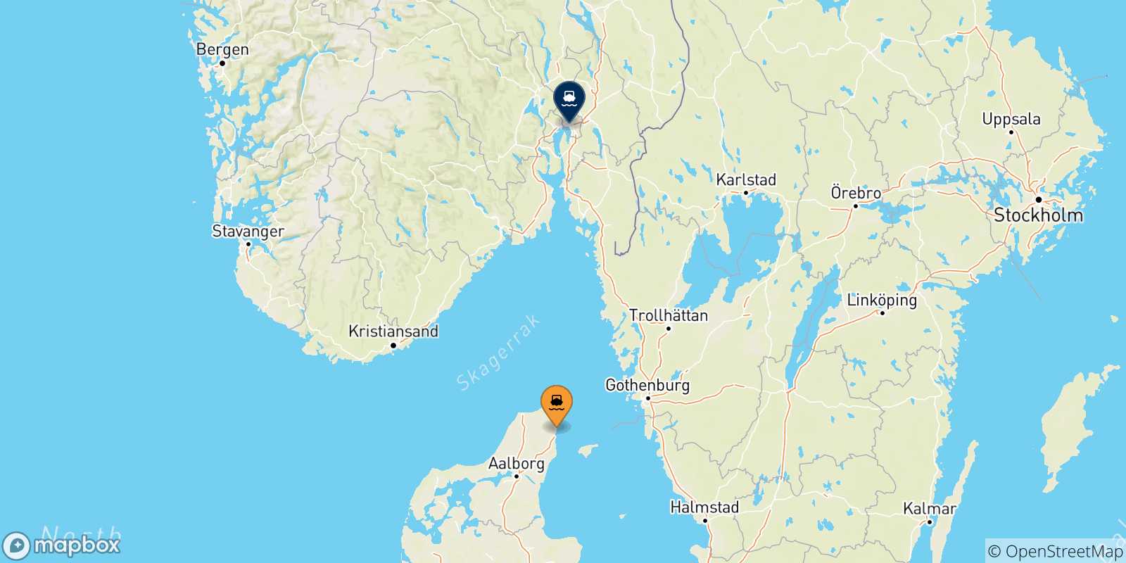 Carte des traversées possibles entre Frederikshavn et la Norvège