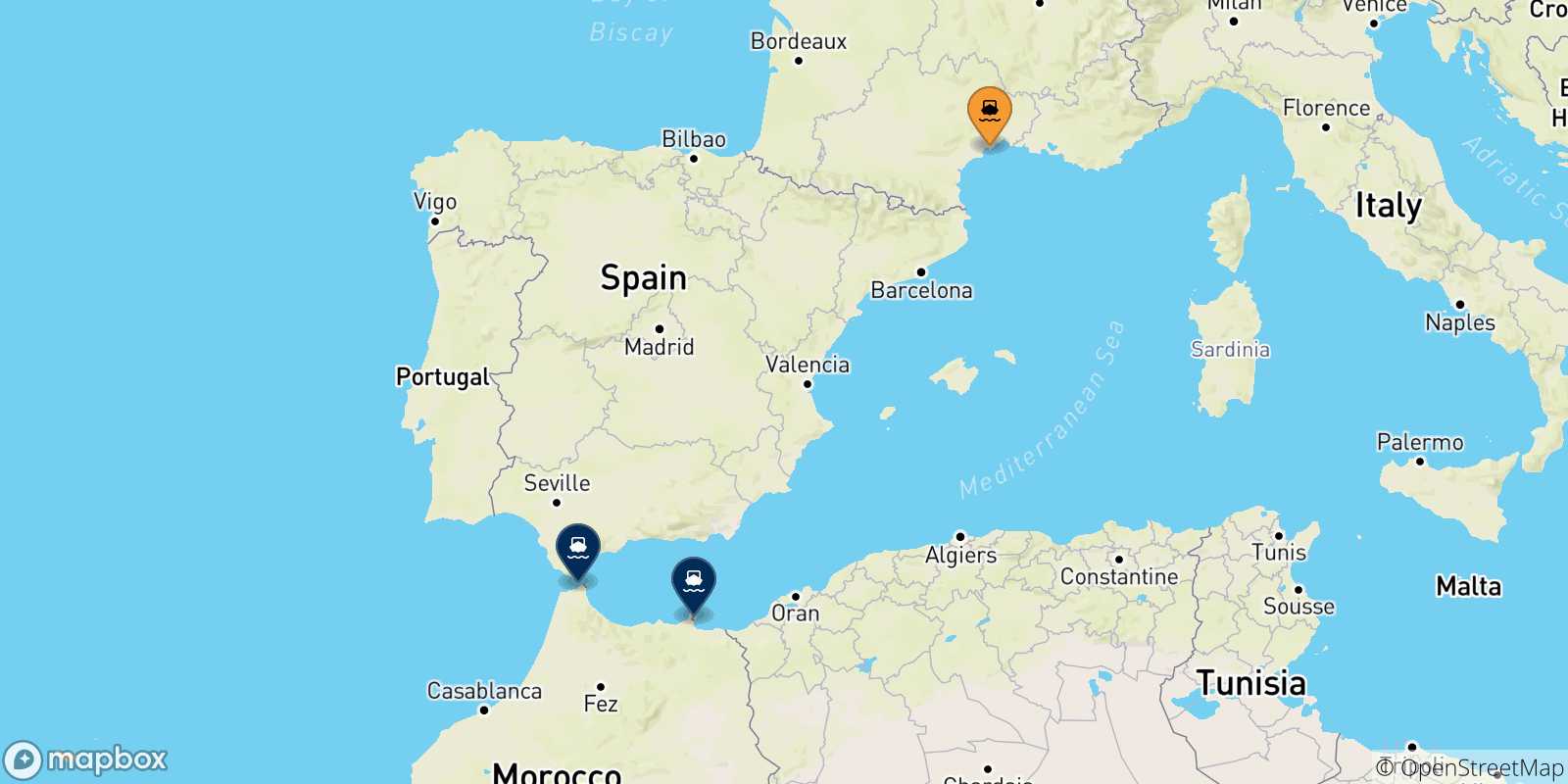 Carte des traversées possibles entre la France et le Maroc