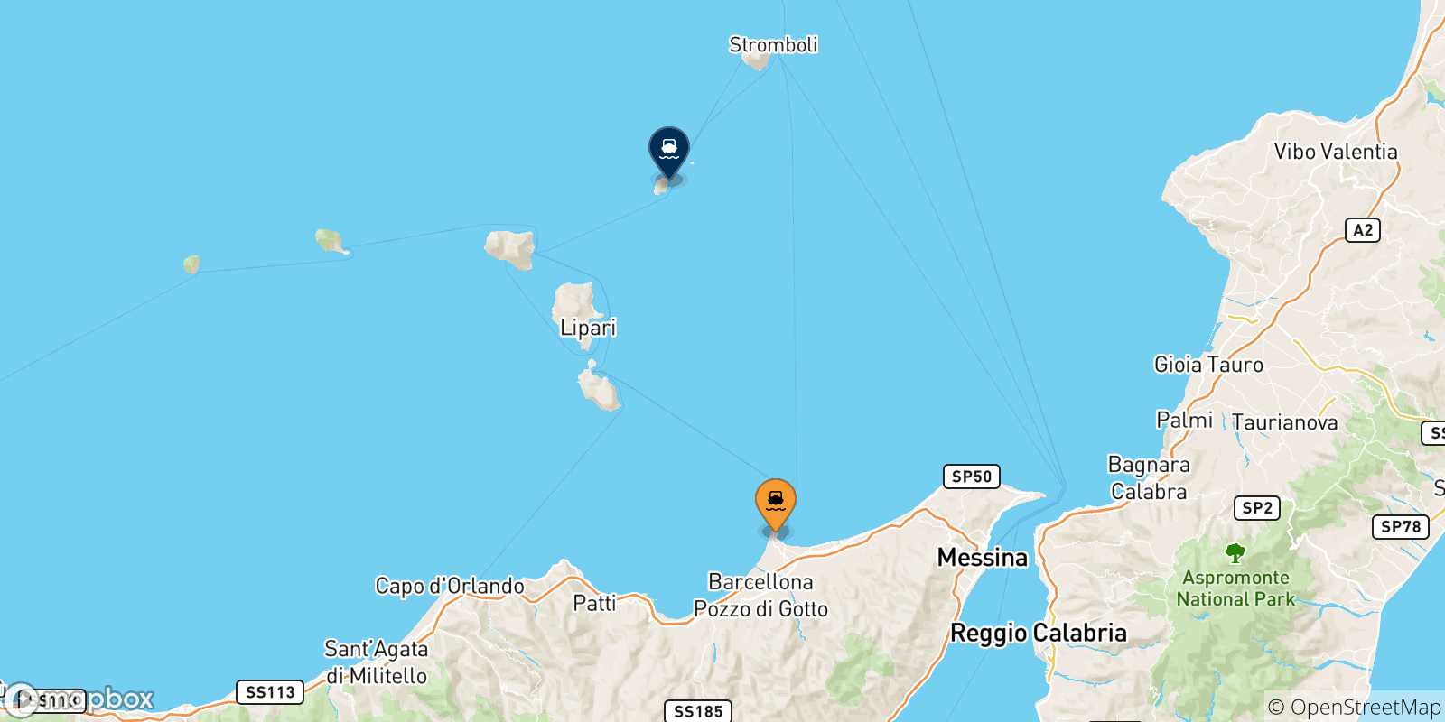 Carte des traversées possibles entre la Sicile et Panarea