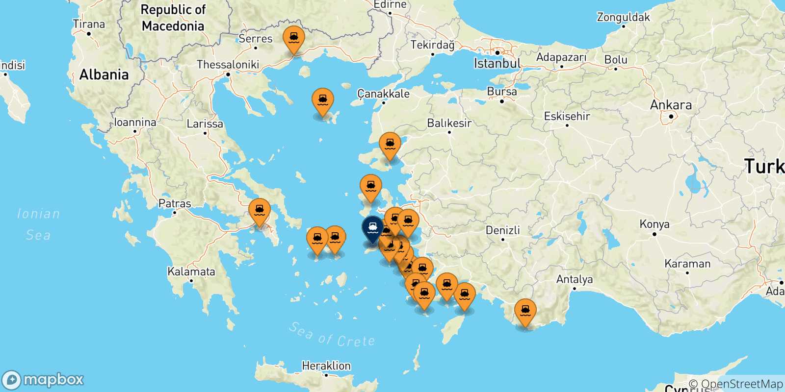 Carte des traversées possibles entre la Grèce et Agios Kirikos (Ikaria)