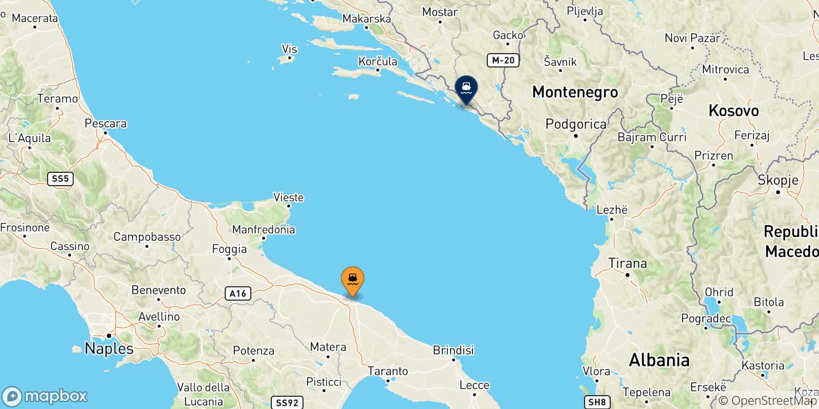 Carte des traversées possibles entre Bari et la Croatie