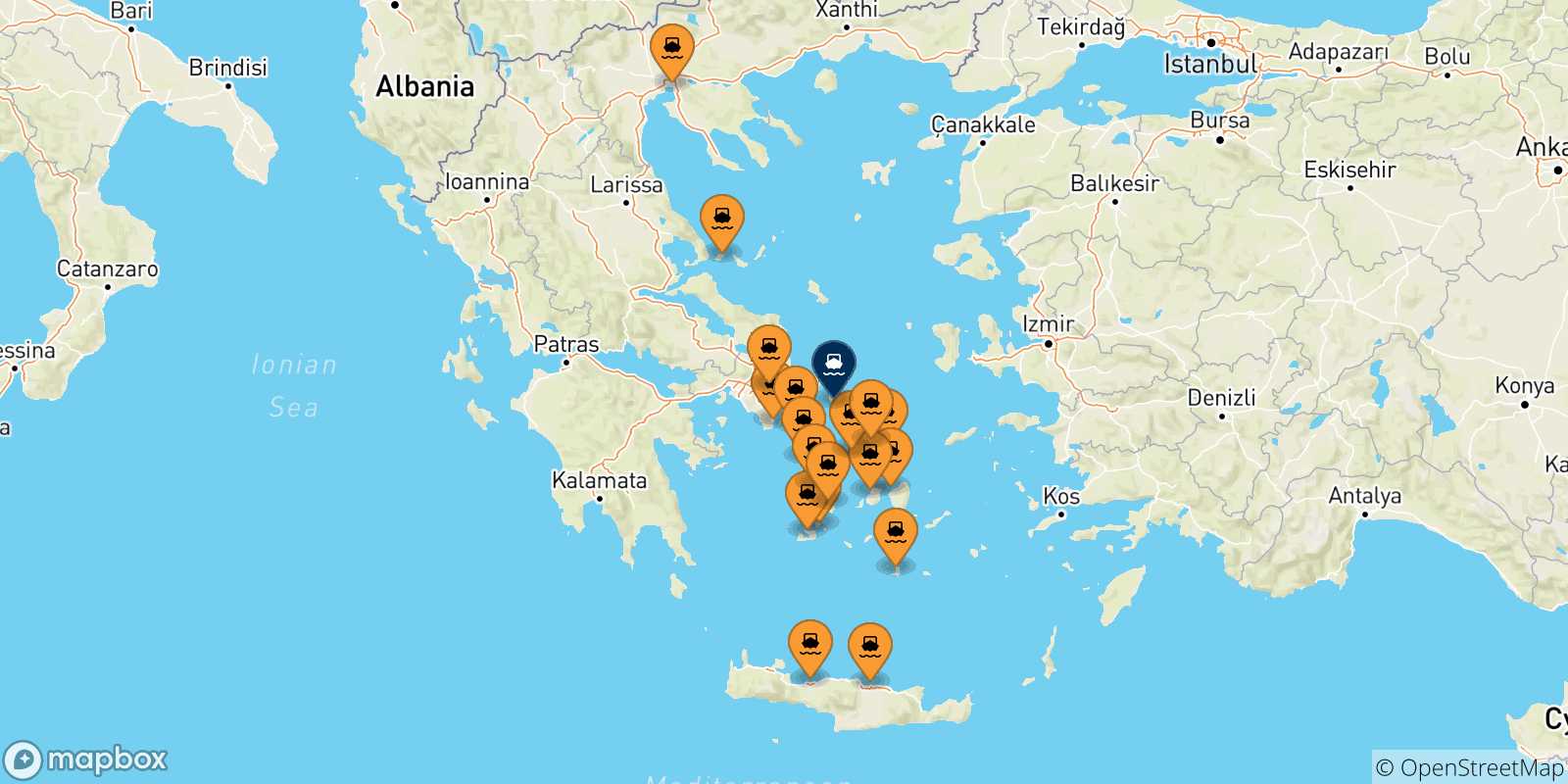 Carte des traversées possibles entre la Grèce et Andros