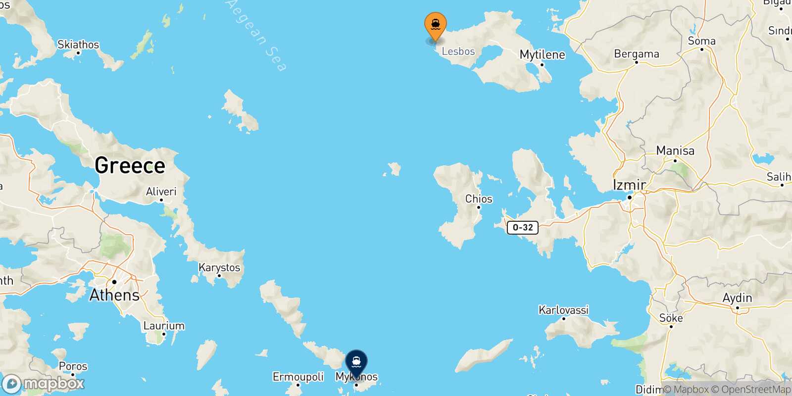 Carte des traverséesSigri (Lesvos) Mykonos