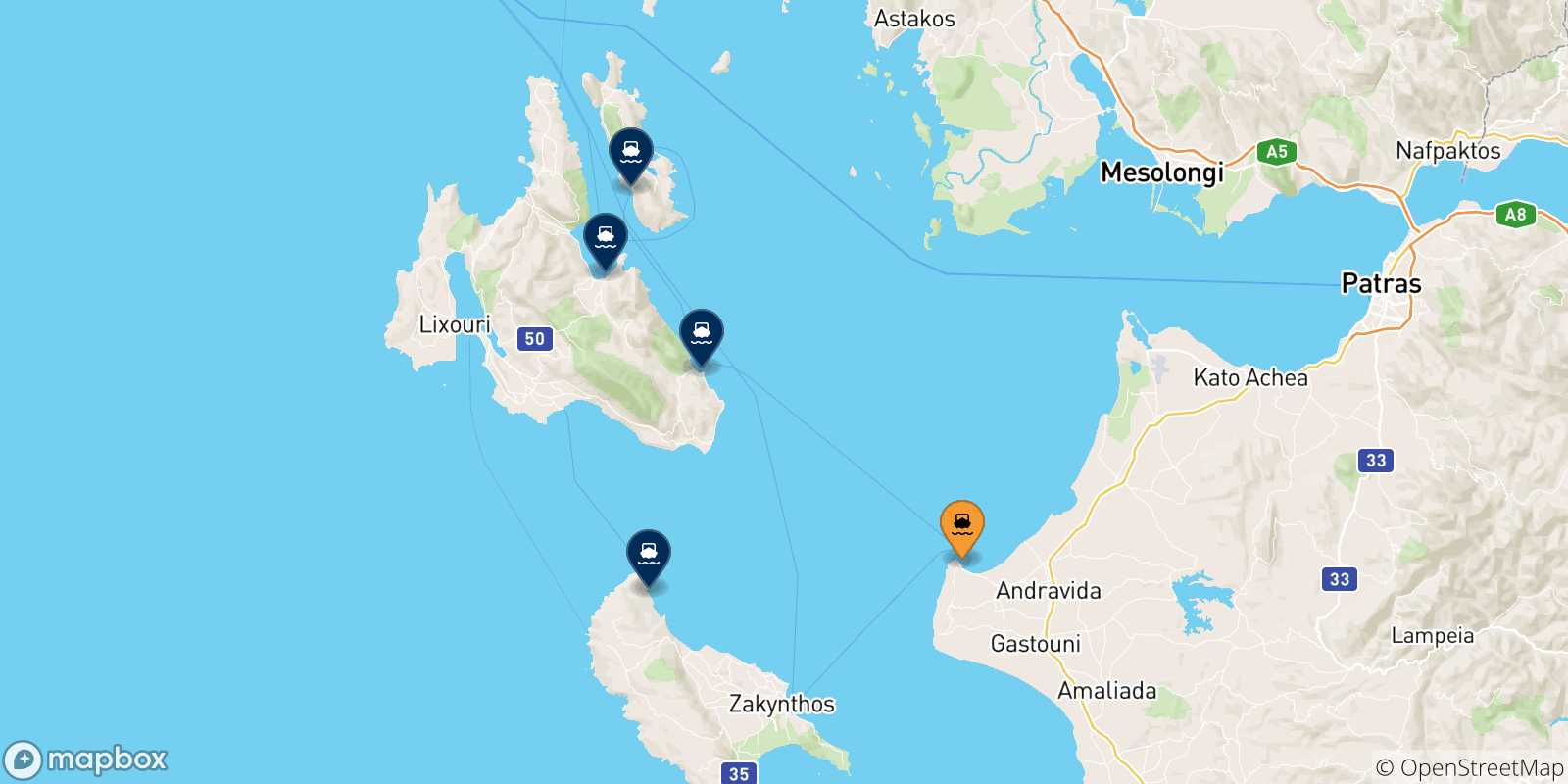 Carte des traversées possibles entre Kyllini et Îles Ioniennes