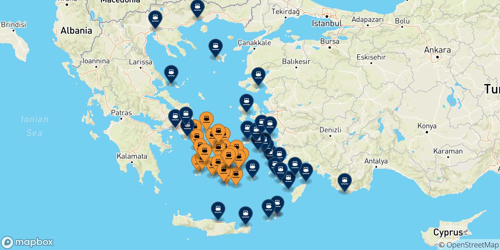 Carte des traversées possibles entre Îles Des Cyclades et la Grèce