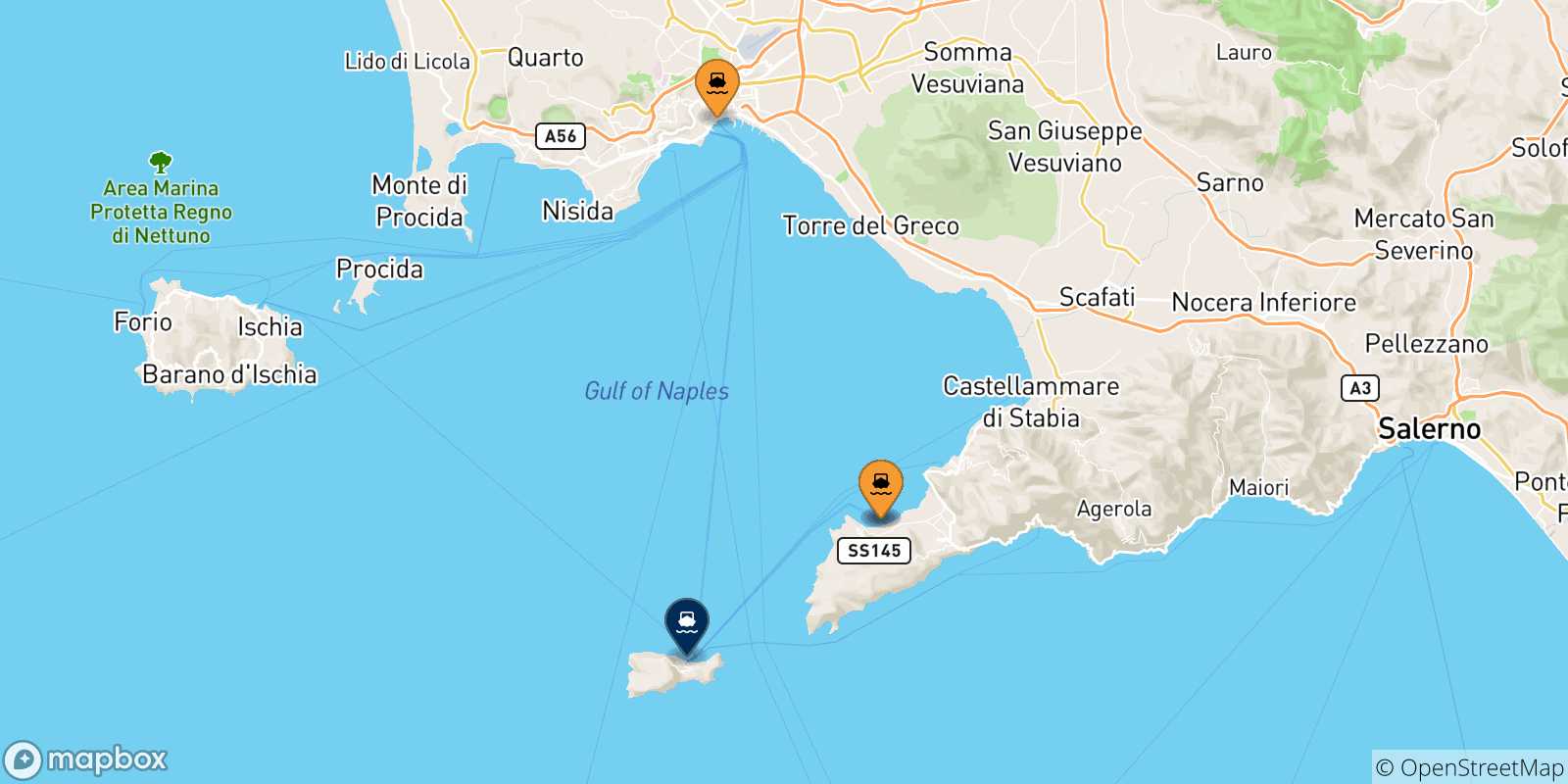 Carte des traversées possibles entre l'Italie et Capri