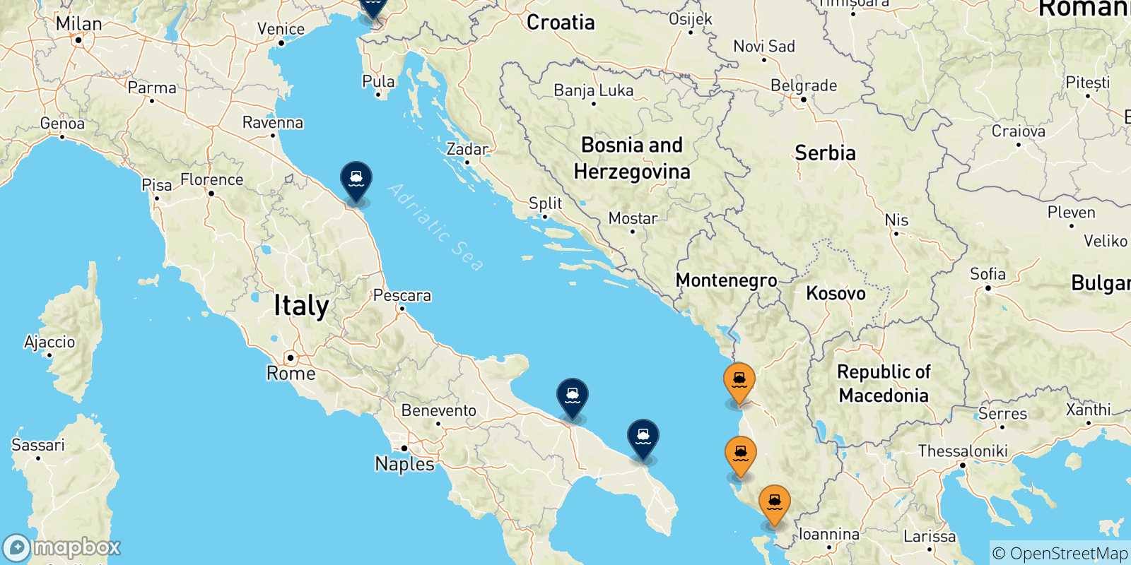 Carte des traversées possibles entre l'Albanie et l'Italie
