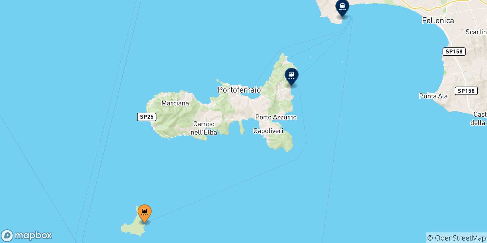 Carte des traversées possibles entre l'Île De Pianosa et l'Italie