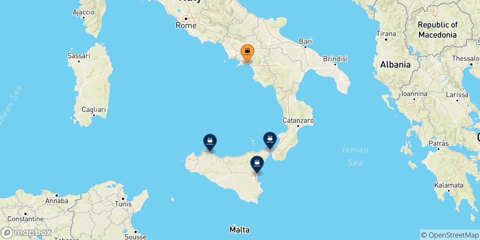 Carte des traversées possibles entre Salerne et l'Italie