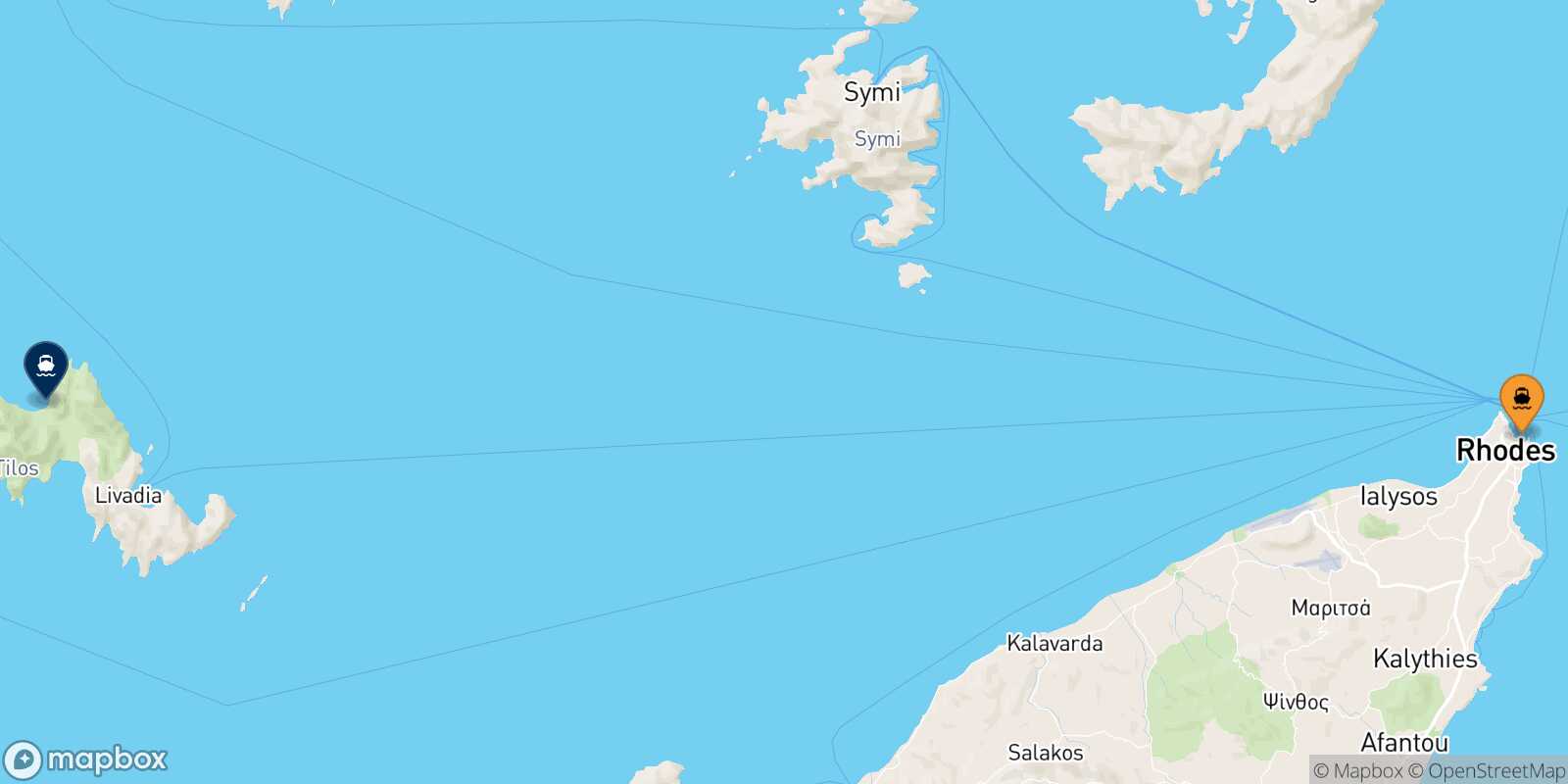 Carte des traverséesSkala Kamirou (Rodi) Tilos