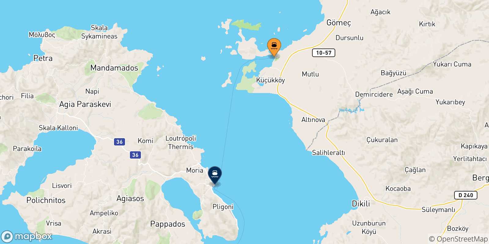 Carte des traversées possibles entre Ayvalik et les Îles Égéennes