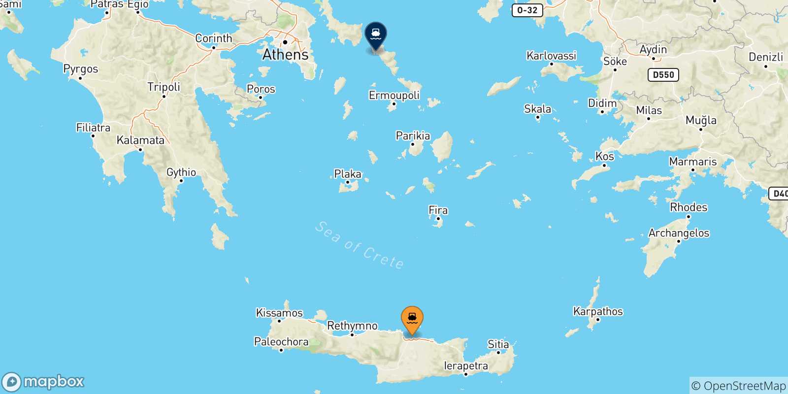 Carte des traversées possibles entre la Crète et Andros