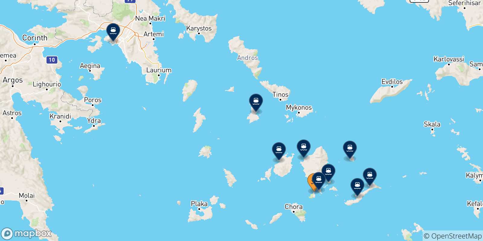 Carte des traversées possibles entre Iraklia et la Grèce
