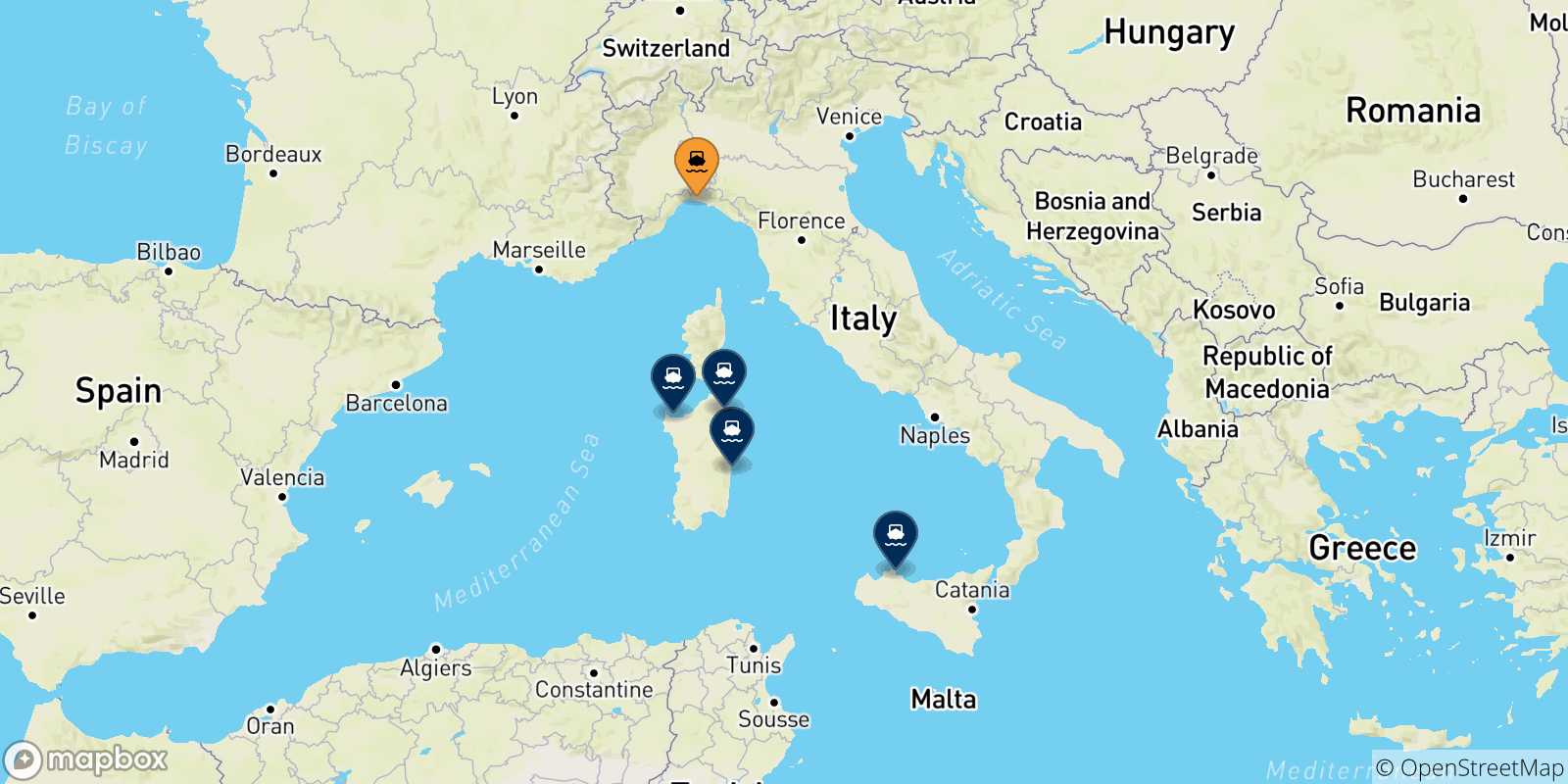 Carte des traversées possibles entre Genes et l'Italie