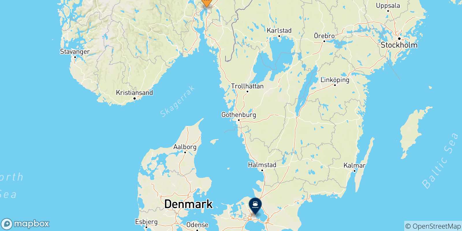 Carte des traversées possibles entre la Norvège et le Danemark