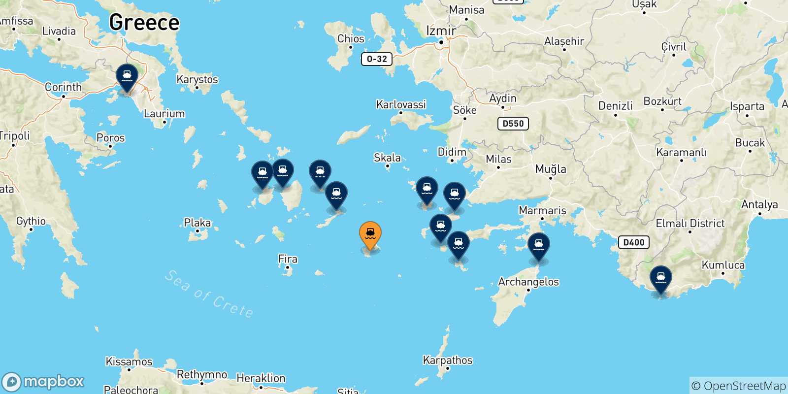 Carte des traversées possibles entre Astypalea et la Grèce