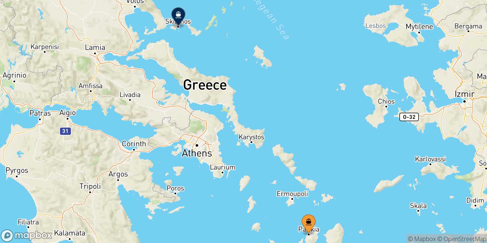 Carte des traverséesParos Skiathos