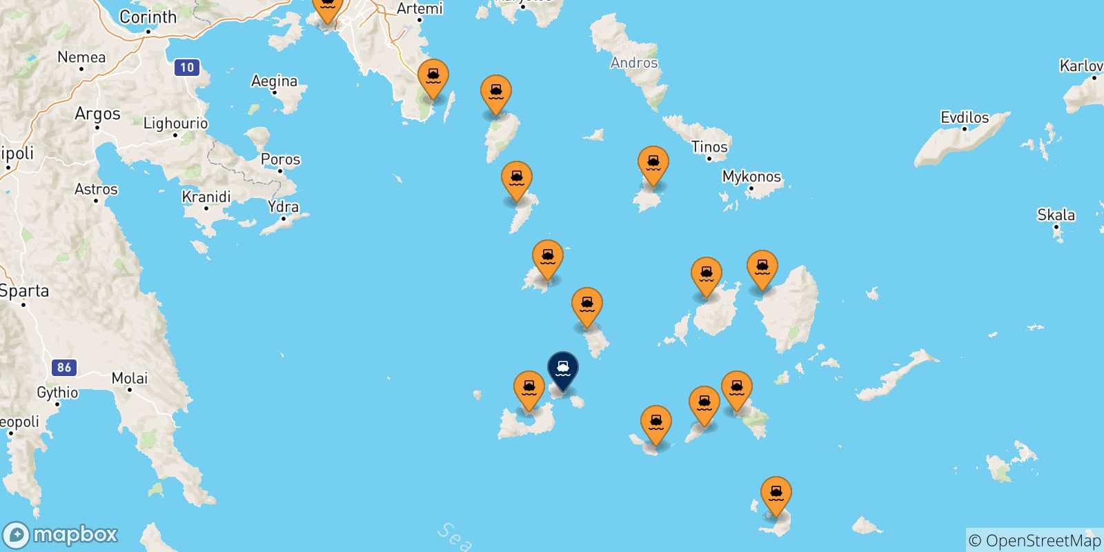 Carte des traversées possibles entre la Grèce et Kimolos
