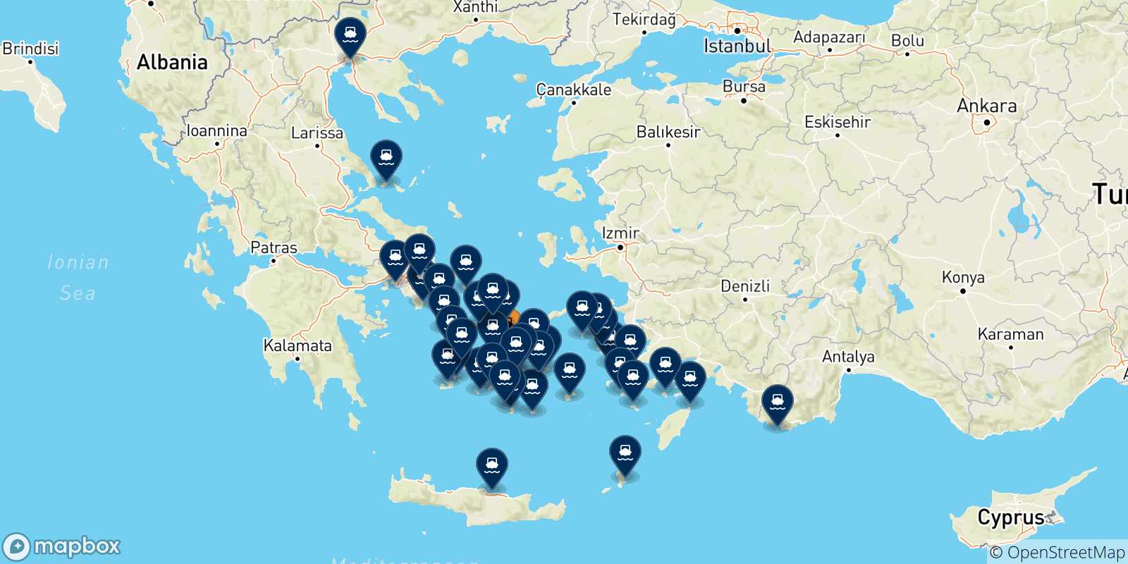 Carte des traversées possibles entre Naxos et la Grèce