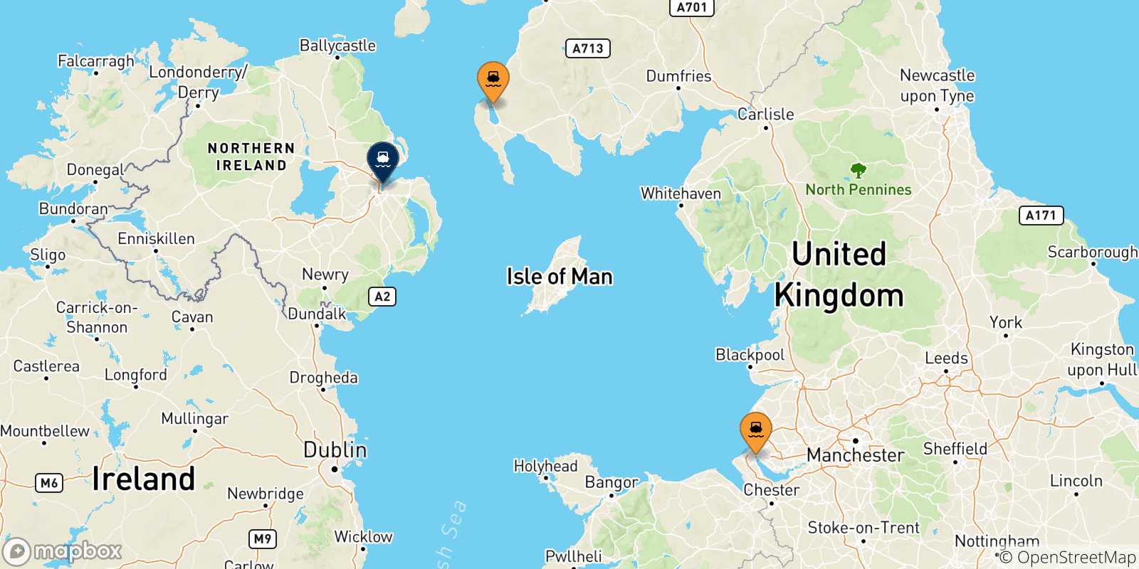 Carte des traversées possibles entre le Royaume-uni et Belfast