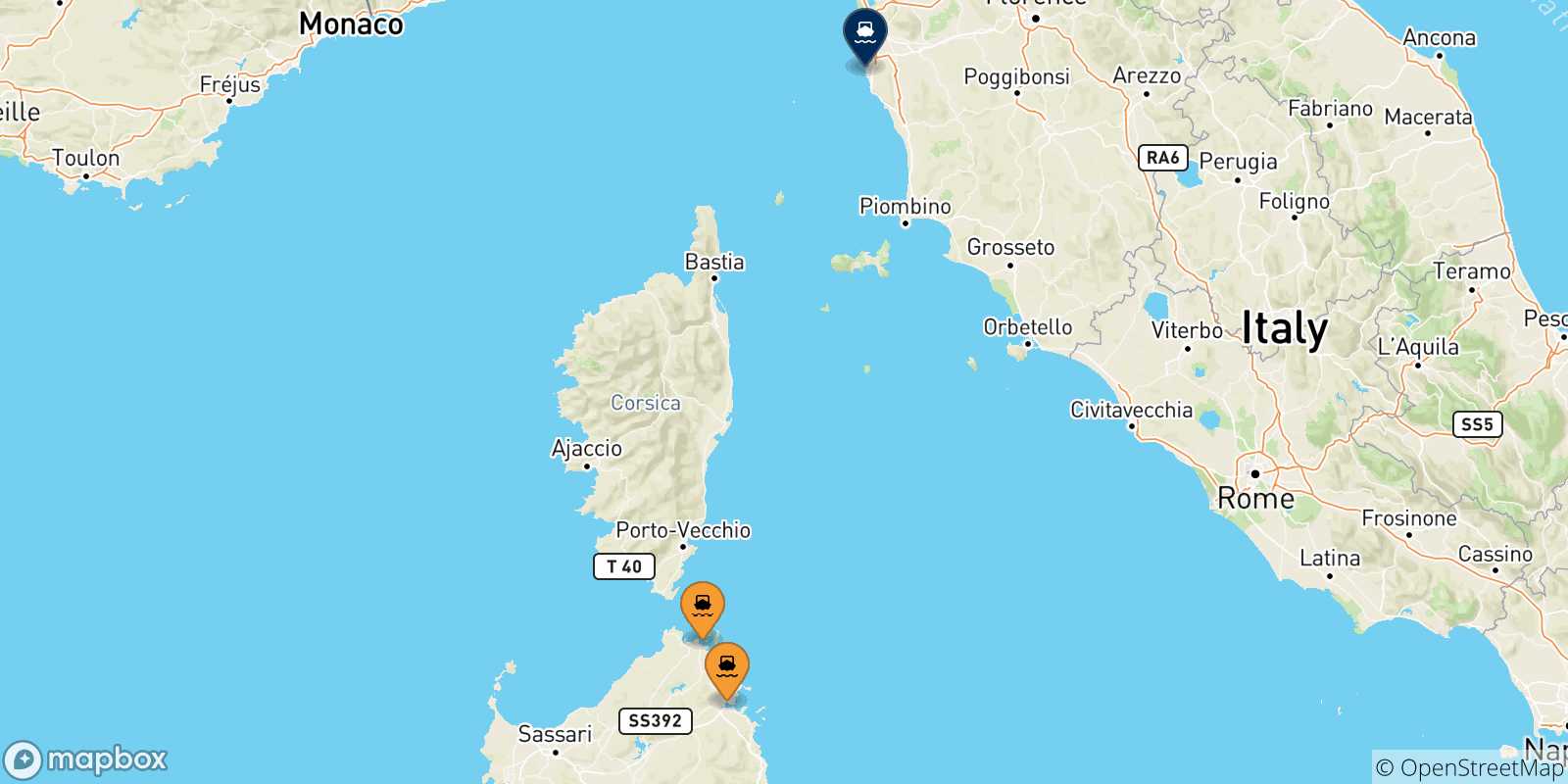 Carte des traversées possibles entre la Sardaigne et Livourne