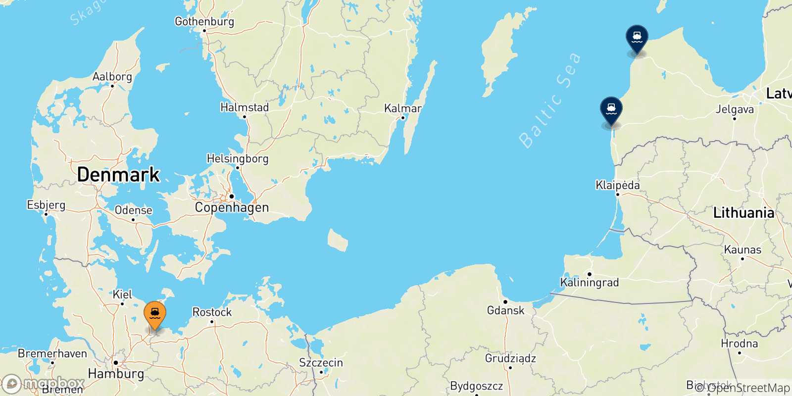 Carte des traversées possibles entre Travemünde et Lettonie