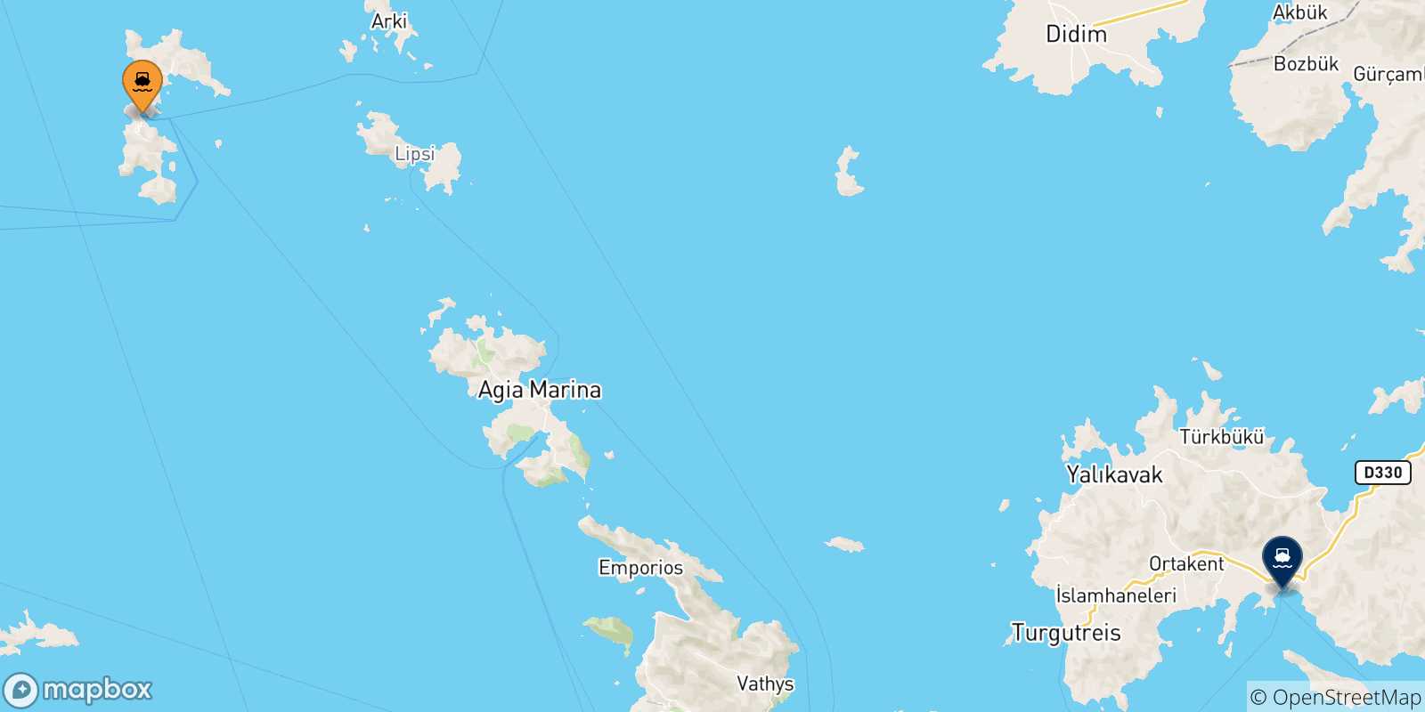 Carte des traversées possibles entre Patmos et la Turquie