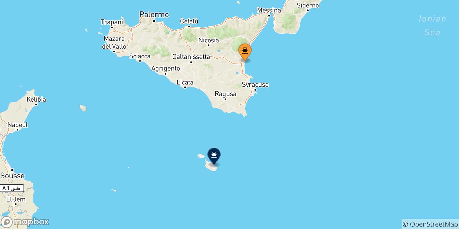 Carte des traversées possibles entre Catane et Malte