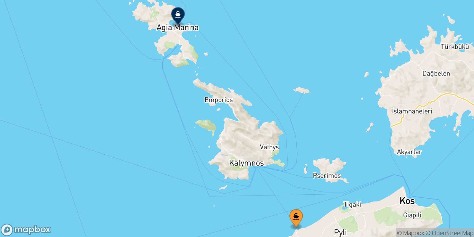 Carte des traverséesMastihari (Kos) Agia Marina (Leros)