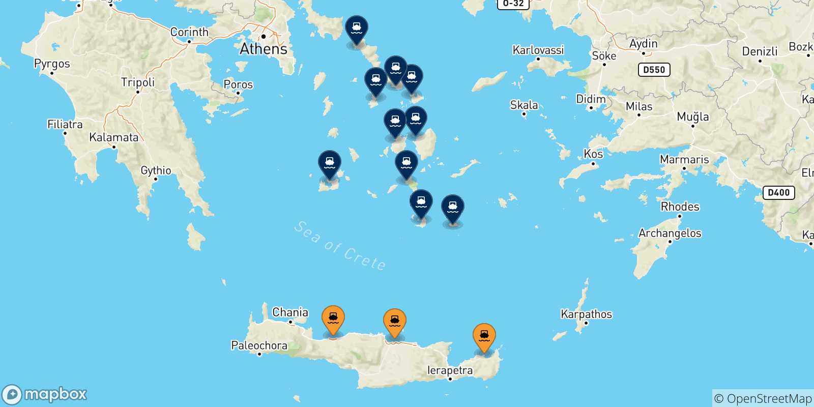 Carte des traversées possibles entre la Crète et Îles Des Cyclades
