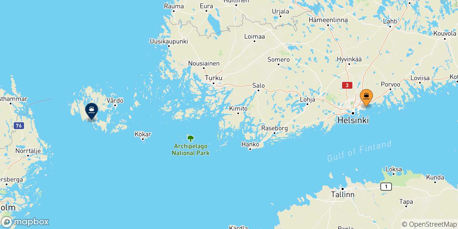 Carte des traversées possibles entre Helsinki et la Finlande