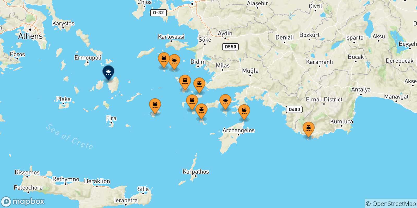 Carte des traversées possibles entre Îles Du Dodécanèse et Naxos