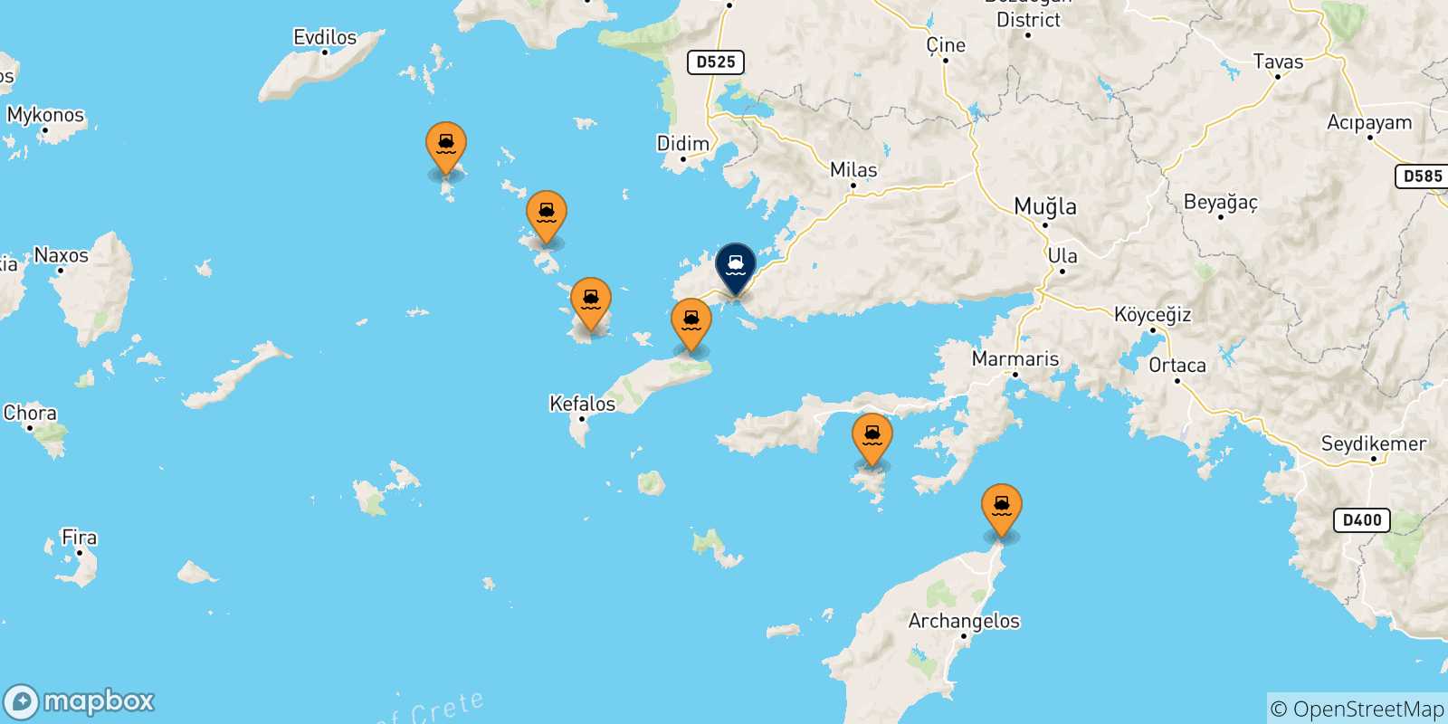 Carte des traversées possibles entre la Grèce et Bodrum