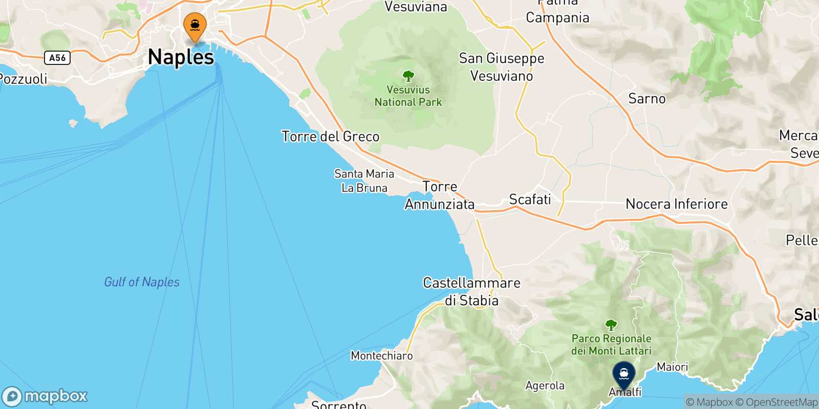 Carte des traverséesNaples Beverello Amalfi