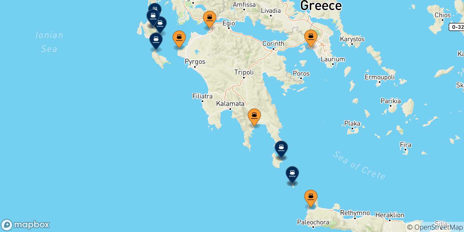 Carte des traversées possibles entre la Grèce et Îles Ioniennes