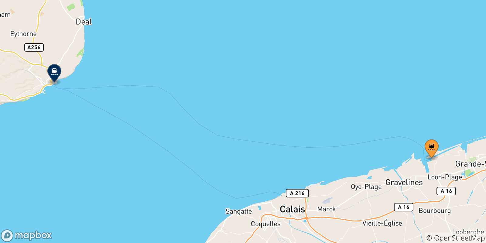 Carte des traversées possibles entre Dunkerque et l'Angleterre