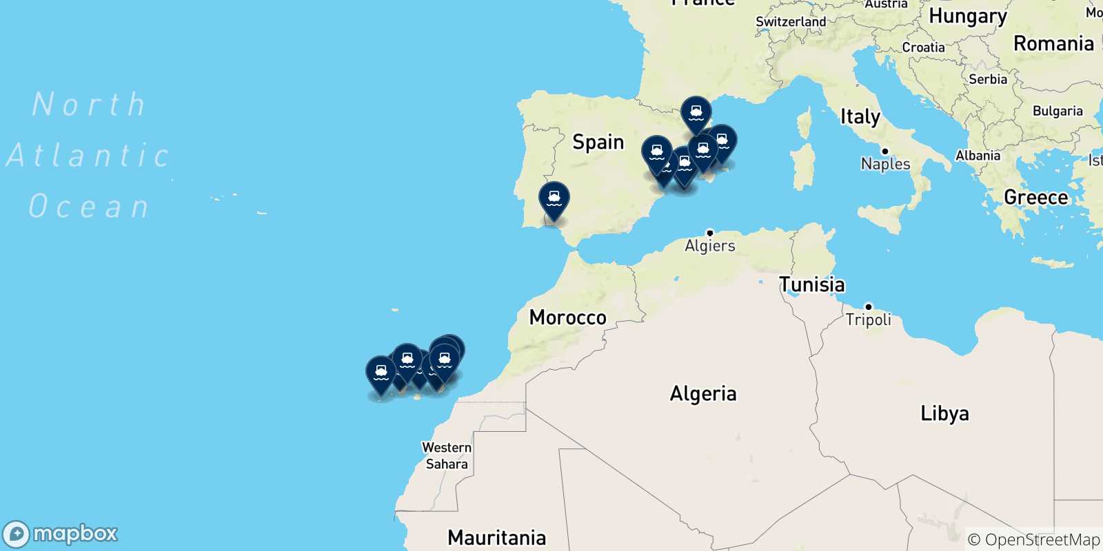 Carte des traversées possibles entre l'Espagne et l'Espagne